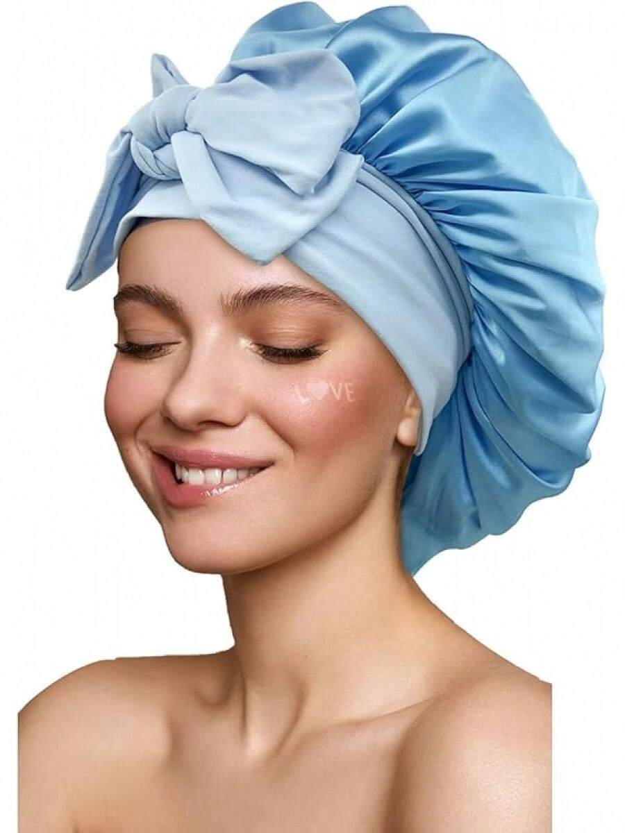 gorro de ducha Gorro de Pelo Rizado de Satén,Gorro de Dormir de Seda Ajustable,Gorro de Pelo de Doble Capa con Banda Elástica,Gorro de Noche para Cabello Rizado,para Dormir,Ducha y Belleza,Verde - Azul cielo - Ver 1