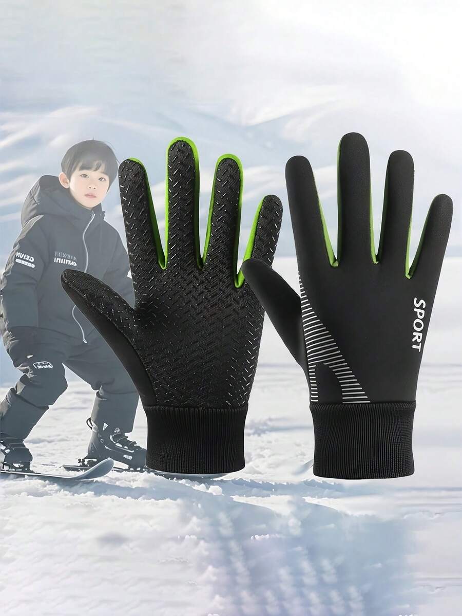 儿童冬季雪地手套一双装 - 保暖内衬，加厚设计，男女通用，五指设计，罗纹袖口和透气手柄，适合滑雪、骑行和户外玩耍（混色），儿童冬季手套，时尚儿童装备，儿童运动手套