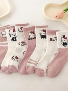 5 Pairs Ruffle Trim Mid-Calf Socks, Cute Cartoon Fashion Versatile Loose Socks