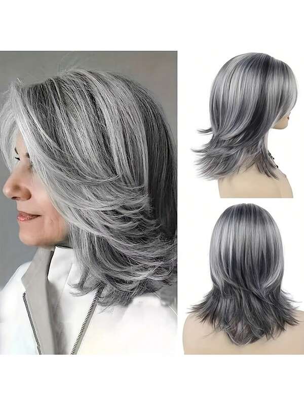Peruca sintética elegante, fofa, cinza claro, com franja, comprimento médio, com couro cabeludo, resistente ao calor, adequada para passeios de verão
