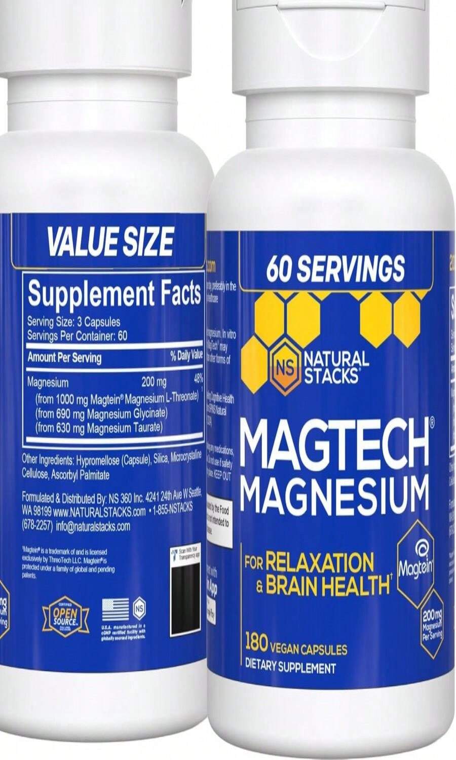 MagTech Magnesium Complex - 3 Forms Of Magnesium: Magtein L-Threonate, Glycinate &Amp; Taurate - 200mg Chelated Magnesium Supplement - Supports Relaxation &Amp; Brain Health - 90 Capsules - Flavor NameC - 查看 1