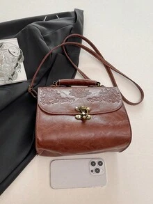 1pc PU Leather Embossed Pattern Fashion Metal Lock Design Chic Handbag & Shoulder Bag - Brown - View 7