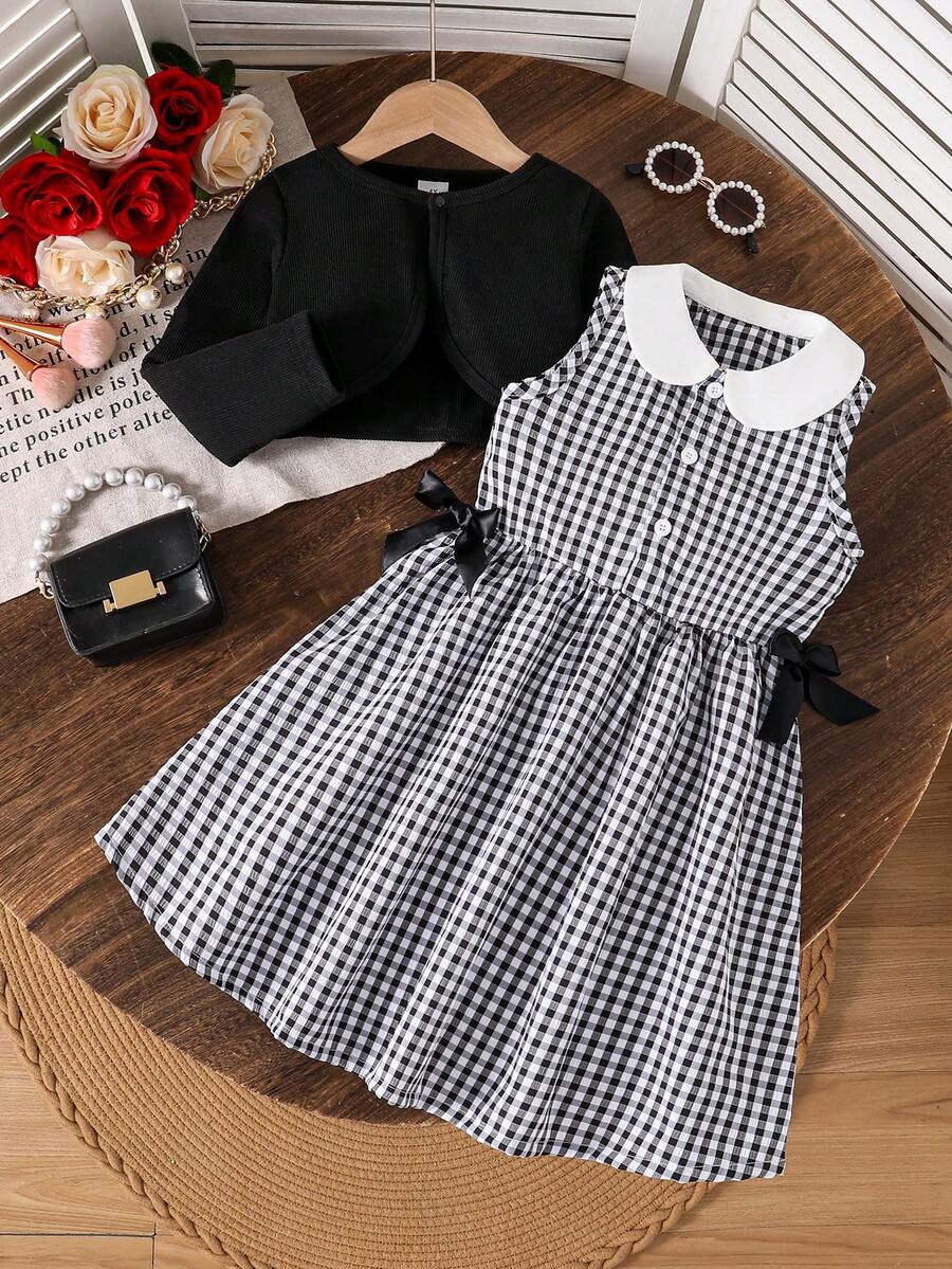 2pcs/Set Toddler Girls Fashion Commuting Party Long Sleeve Round Neck Button Jacket And Sleeveless Bow Plaid Dress Outfit, New For Autumn/Winter - Black and White - View 1