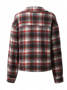 Autumn And Winter Women's Long Sleeved Loose Pocket Plaid Jacket