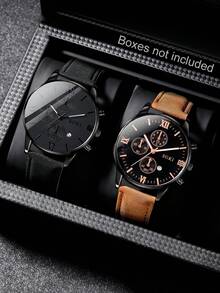 Bộ 2 đồng hồ nam có chức năng lịch, mặt tròn thời trang, máy quartz, dây đeo PU, thích hợp đeo hàng ngày, làm quà sinh nhật, quà tựu trường, quà Lễ Tạ ơn, quà lãng mạn, món quà hoàn hảo (Không kèm hộp quà) - màu đen - Xem 2