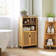 Kleankin Bamboo Bathroom Cabinet, Undermount Cabinet With Slatted Doors, Anti-Tip In Country Style, Versatile Multi-Purpose Cabinet - 1 - View 7