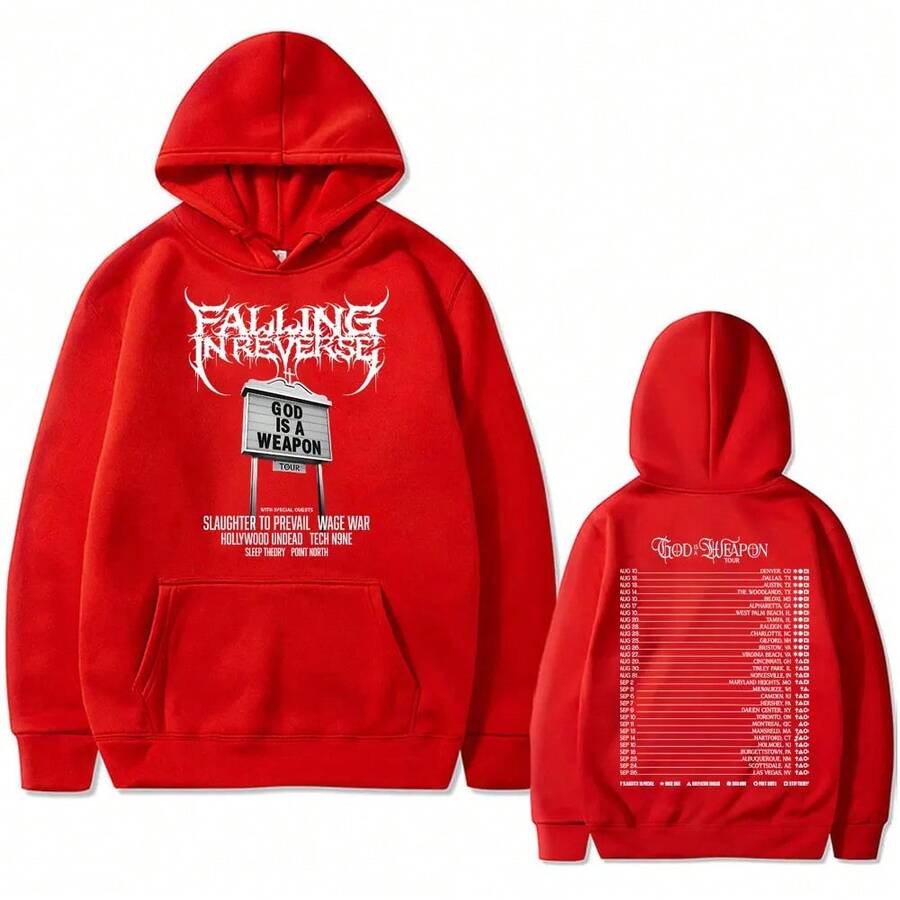 Streetwear Hoodie Print Graphic Sweatshirt-Famous Rock Band Falling In Reverse World Tour 2025 Hoodie Men Women Casual Oversized Sweatshirt Male Gothic Vintage StreetwearBack To School Hoodie Teen, A Great Gift For Your Boyfriend(Note: This Is Not A Real-Time Program List!) - 紅色 - 查看 1