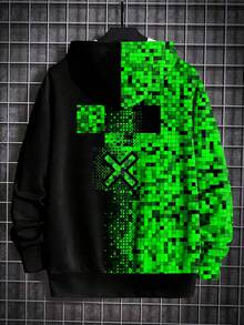 男童时尚印花休闲连帽衫 - 长袖、圆领套头衫，适合春秋季节，酷炫图案印花