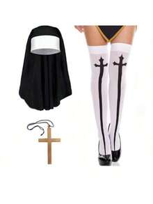 Halloween New Arrival In Stock Cosplay Costume Set, Sexy European Style Temptation Lingerie Headscarf Cross Stockings, Back To School Single Party Masquerade Ball Missionary Role Play Prop
