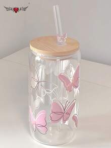 2 件/套蝴蝶盖吸管玻璃杯 - 大容量[450ML/15.22oz]罐形水瓶、冰咖啡杯、奶茶吸管杯、饮料吸管杯，送给朋友的最佳礼物！ - 彩色 - 查看 2