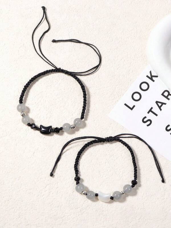 2pcs Set Minimalist Beaded Bracelet With Black & White Cat Design, Braided Friendship Couple Wristband, Unisex Popular Accessory