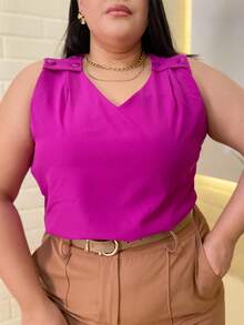 RAINBOW Plain Tank Top Sleeveless Blouse Plain Creppinho With 4 Buttons Plus Size G1G2G3 46-52 Casual Women - 62-FUCSIA - 查看 4