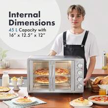 Elite Gourmet ETO-4510M Puerta francesa de 47.5 cuartos de galón, horno de convección de 18 rebans, 4 perillas de control, tostado para hornear asado para mantener el calor, incluye 2 estantes para - Acero inoxidable y negro - Ver 2