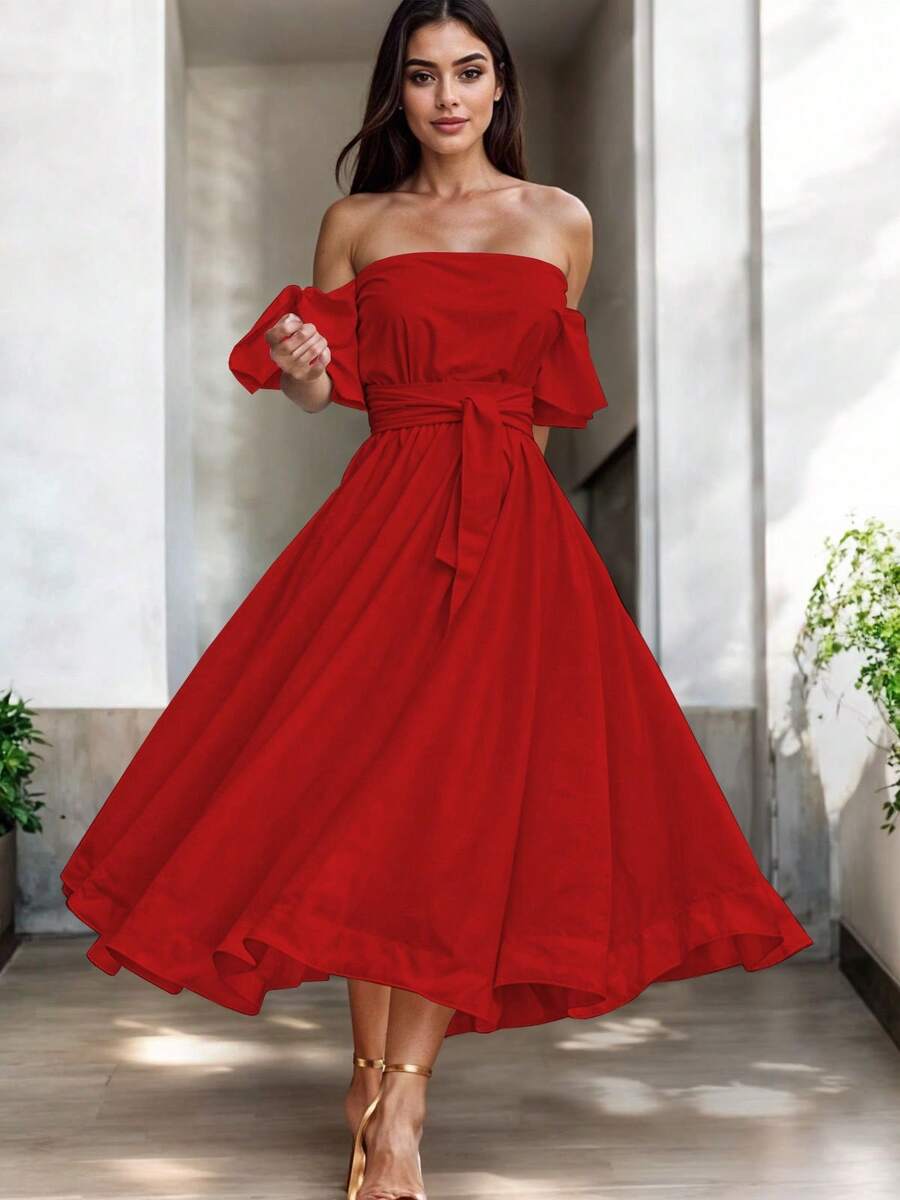 Women Midi Dresses - Merah - View 1