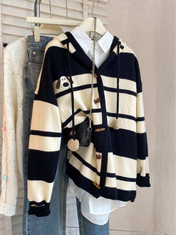 JIANHU Gestreifte Strick-Kapuzenjacke mit Bommel-Kordeln - Gemütliche, lässige Damenjacke für Weihnachten & Feiertags-Straßenmode
