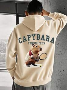 1PC Teen Boy Fun Style Capybara Tennis Print Hooded Sweatshirt, Soft And Comfortable, Spring Autumn Daily School Wear - Apricot - View 1