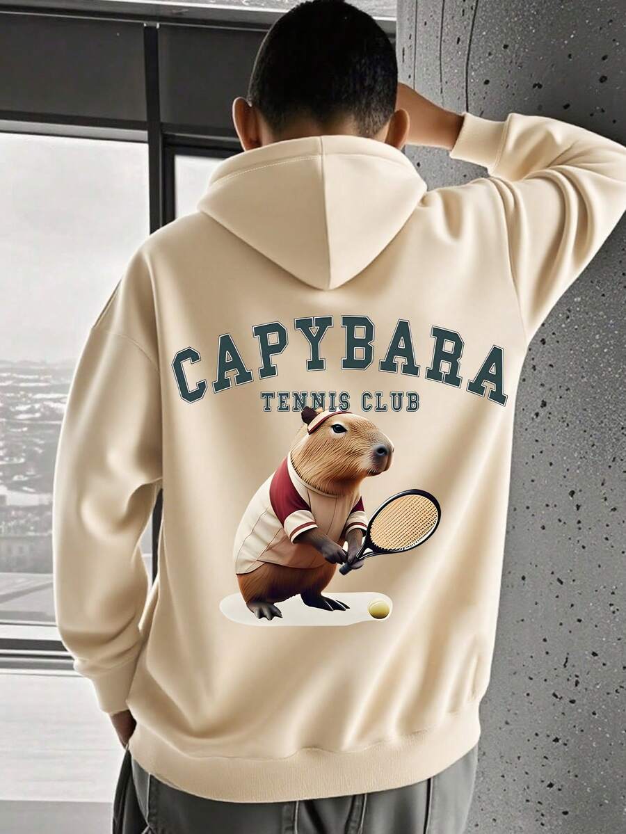 1PC Teen Boy Fun Style Capybara Tennis Print Hooded Sweatshirt, Soft And Comfortable, Spring Autumn Daily School Wear - Apricot - View 1