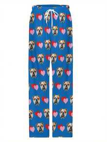 Personalized Face & Red Heart Design Soft Washable Loungewear, Anniversary & Valentine's Day Gift, Casual Suit, Funny Pattern, Comfortable Fit, Customizable Photo & Bulldog Face & Heart Pattern Pajama Set (Unisex) S-2XL