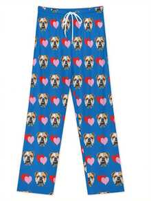 Personalized Face & Red Heart Design Soft Washable Loungewear, Anniversary & Valentine's Day Gift, Casual Suit, Funny Pattern, Comfortable Fit, Customizable Photo & Bulldog Face & Heart Pattern Pajama Set (Unisex) S-2XL