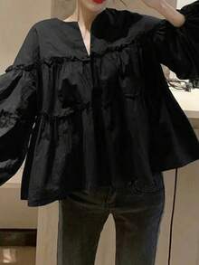 女士休闲宽松衬衫，梭织面料，适合休闲、度假、日常穿着、海滩、春秋季穿着，黑色 - 黑色 - 查看 7