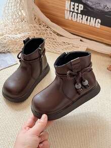 New Kids Bowknot Pendant Boots, Classic Solid Color Fashionable Western Style Girls Short Boots, School Uniform Versatile Boots, Comfortable Lining, Thick Sole, Durable, Suitable For All Seasons