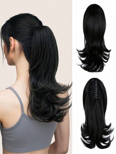 Black Ponytail Extension Claw Clip In Hairpiece Natural Ponytail For Women Straight Synthetic Hair Pony Tails High-Resistant Fiber Hair For Girls 14 Inch