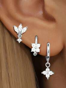 3PCS Flower Zirconia Earring Set For Women, 18K Gold Plated Hypoallergenic Tragus Helix Hoops Ear Stud Cartilage Piercing Jewelry For Daily Ware