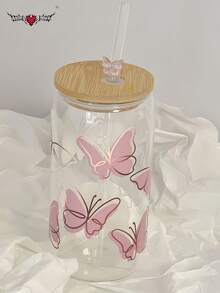 2 件/套蝴蝶盖吸管玻璃杯 - 大容量[450ML/15.22oz]罐形水瓶、冰咖啡杯、奶茶吸管杯、饮料吸管杯，送给朋友的最佳礼物！ - 彩色 - 查看 3