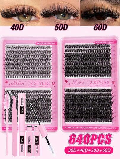 640 piezas/Set de pestañas postizas de alta capacidad, rizado D, 30D+40D+50D+60D, múltiples combinaciones, longitud de 10-16 mm, naturales y suaves. El set incluye pegamento para pestañas, herramientas aplicadoras y cepillo, adecuado para pestañas finas.