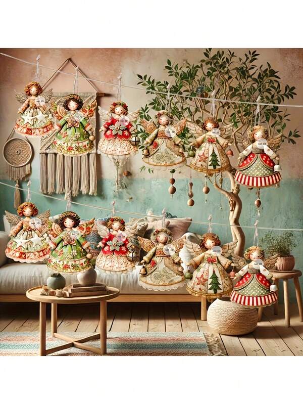 12 قطعة من الزينات الخشبية الملائكية اليدوية القديمة - ديكور عيد الميلاد المسطح باللون الأحمر مع أنماط زهرية وكوكبية، مناسبة للأشجار والمنازل والحفلات وهدايا العطلات - زينات لجو الاحتفال | زينات شجرة عيد الميلاد | زينات خشبية لعيد الميلاد