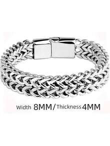 1pc Men's Stainless Steel Braided Double Row Front And Rear Fish Scale Alloy Magnetic Buckle Bracelet With Keel Jewelry New Model - 銀色 - 查看 4