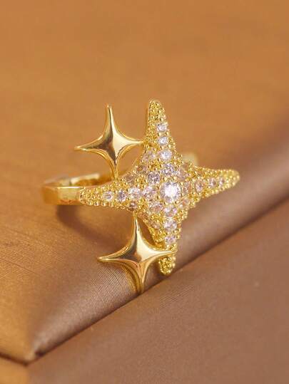 قطعة واحدة من مشبك الأذن المرصع بالزركونيا المكعبة على شكل نجمة، مشبك أذن أنيق وإكسسوار، مناسب للارتداء اليومي للنساء، بدون ثقب