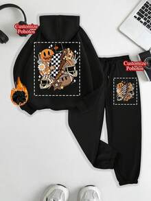 Two-Piece Hoodie And Sweatpants Set, Customizable As A Thanksgiving Or Christmas Gift - Customized Women's Sweatshirts, Allowing You To Add Your Own Text/Images (Badge Design/Company Logo/Family Photo/Selfie) To Design Your Own Personalized Printed Sweatshirt. A Perfect Gift For Your Girlfriend, Couple's Date Outfit, Sweatshirt And Sweatpants Set, Suitable For Couple Photos/Selfies (Dog, Cat), Stylish Decoration, Item Black Winter - Black - View 2