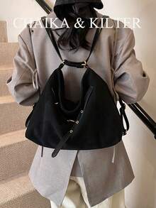 1 Túi đeo vai vải da lộn màu trơn CHAIKA & KILTER, Túi đeo chéo nữ cổ điển, dung tích lớn, có lỗ xỏ dây, dây đeo có thể điều chỉnh để đeo vai hoặc đeo chéo, khóa kéo, thích hợp cho việc mua sắm và đi làm hàng ngày - màu đen - Xem 5