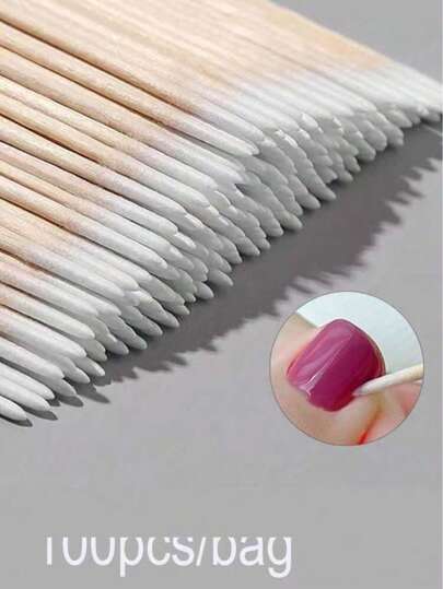 100 قطعة عيدان خشبية لتنظيف الأظافر، رؤوس قطنية لتفاصيل المناكير ومزيل طلاء الأظافر