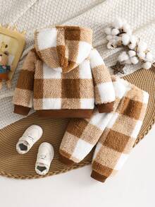 2pcs Baby Boy Casual Plaid Fleece Hooded Jacket And Simple Fashion Pants Set, Suitable For Autumn/Winter Holidays And Daily Wear - Multicolor - View 2