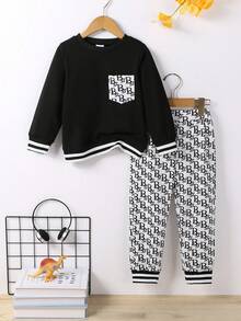 2pcs/Set Kids Boys Clothing Set, Contrast Color Pocket Hoodie And Casual Letter Print Pants, Autumn/Winter