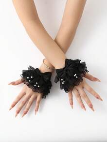 1 Pair Lolita Style Lace Ruffled Wrist Gloves Women Party Dress Accessories Fingerless Black White Lace Wrist Sleeves Cuff Decor Gloves