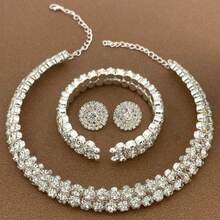 3 Pieces/Set Of Full-Diamond Rhinestone Multi-Row Necklaces, Bride Crystal Necklaces, Earrings, Bracelets, 3-Piece Set Of Diamond-Encrusted Necklaces, Suitable For Engagement And Wedding Bride Accessories, Very Magnificent And Grand - 金色 - 查看 2