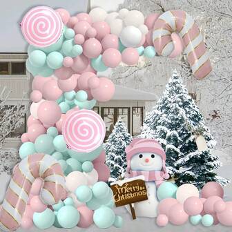 116pcs Pink Christmas Balloon Arch Kit - Pink, Macaron Blue, White Latex Balloons With Pink Candy Cane, Perfect For Winter Christmas Party Decor, Baby Shower Party Supplies