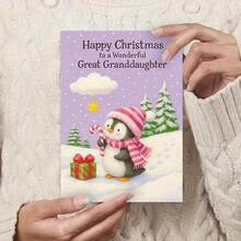 1pc Cute Penguin Christmas Card With "Happy Christmas To A Wonderful Great-Granddaughter" Message - Soft Pastel Pink & Purple Winter Snowflake Design, Adorable Penguin & Snowman, Heartwarming Family Holiday Wishes, Festive Cursive Lettering - Perfect For New Year's, Birthday, Or Christmas - Ideal For Great-Granddaughter - Multicolor - View 4