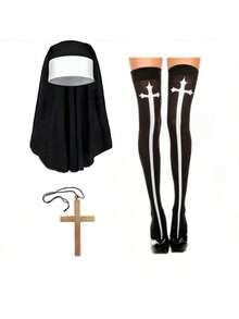 Halloween New Arrival In Stock Cosplay Costume Set, Sexy European Style Temptation Lingerie Headscarf Cross Stockings, Back To School Single Party Masquerade Ball Missionary Role Play Prop