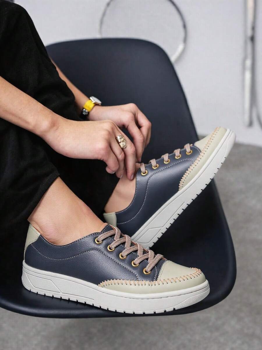 Women's Comfortable Casual Genuine Leather Fashion Sneakers - Xanh lam/Be - Xem 1