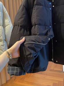 时尚黑色无领女士羽绒服，宽松休闲百搭圆领羽绒服，2025新款，冬季款 - 黑色 - 查看 4