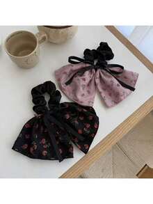 2 件女士黑色和米色韩式缎面蝴蝶结发圈，优雅复古发饰，适合发髻、马尾辫、日常佩戴、发圈、发圈、洗脸 - 多色/豆沙粉+復古黑 - 查看 4