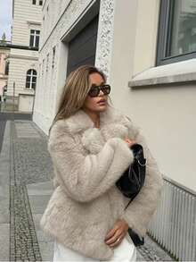 Women's Faux Fur Long-Sleeved Coat With Reversible Collar, Warm, Suitable For Daily Use, Outdoor Activities, Fashionable, Elegant, Casual, Featuring Two Side Pockets, Ideal For Autumn And Winter. - Apricot - View 3