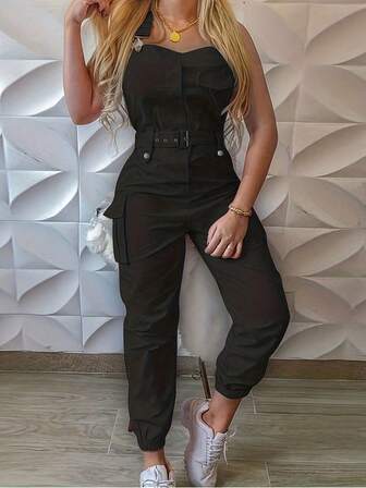 欧美风格女装工装口袋设计无袖连体裤休闲踝长裤配腰带，简约工装裤
