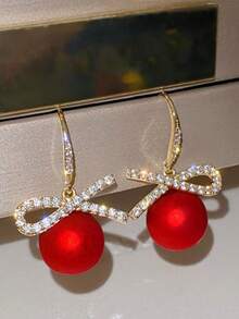 1 对时尚合金蝴蝶结和红珠吊坠耳环，适合女性在圣诞节、新年派对上佩戴 - 紅色 - 查看 3