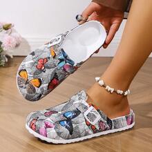 Nuove pantofole da donna con punta chiusa, elegante stampa farfalla nera e grigia, tacco a zeppa con suola morbida, confortevoli per uso quotidiano, esterno, viaggio, giardino, spiaggia, design con doppia fibbia - Grigio - Visualizzare 11