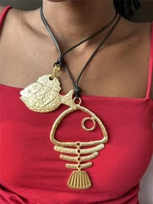 1 Piece Matte Gold Large Boho Fish Tortoise Charm Pendant Chain Statement Necklace